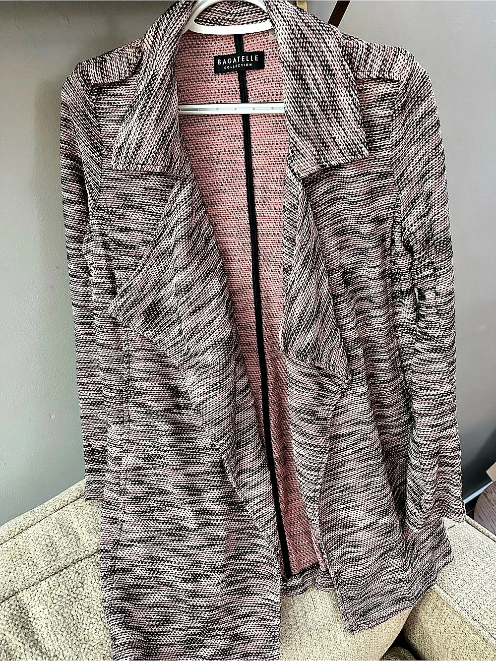 Bagatelle Open Front Jacket in Pink, Black and Gray